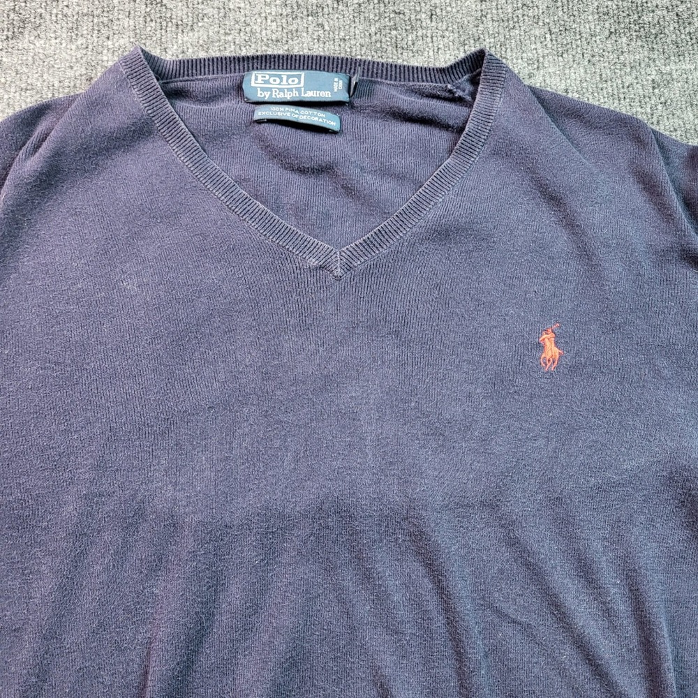 Polo Ralph Lauren Mens V-Neck Sweater Pima Cotton Blue Orange Pony Logo